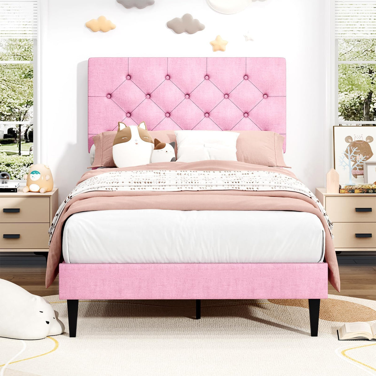 Twin Bed Frames with Button Tufted Headboard, Linen Upholstered Platform Bed with Wooden Slats Support, Princess Bed Frame for Girls, Easy Assembly, No Box Spring Required, Pink BarnFurin