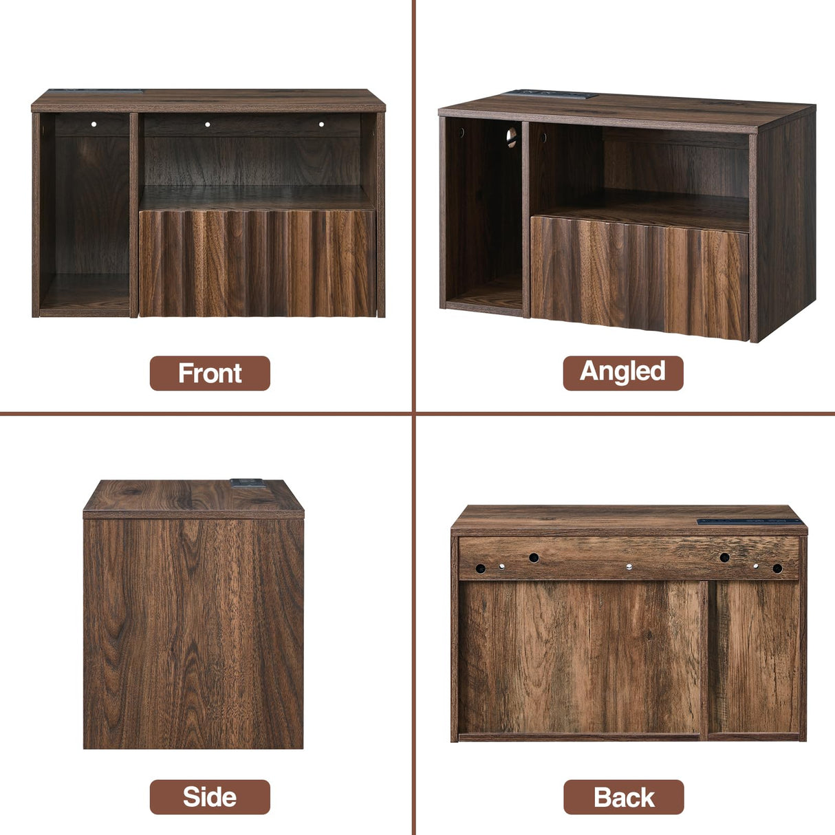 BuildHom Modern Walnut Fluted Floating Nightstand with Charging Station, NightStand with Drawers, Bedside with USB Ports and Outlets, Bedroom Furniture (Set of 2) BuildHom