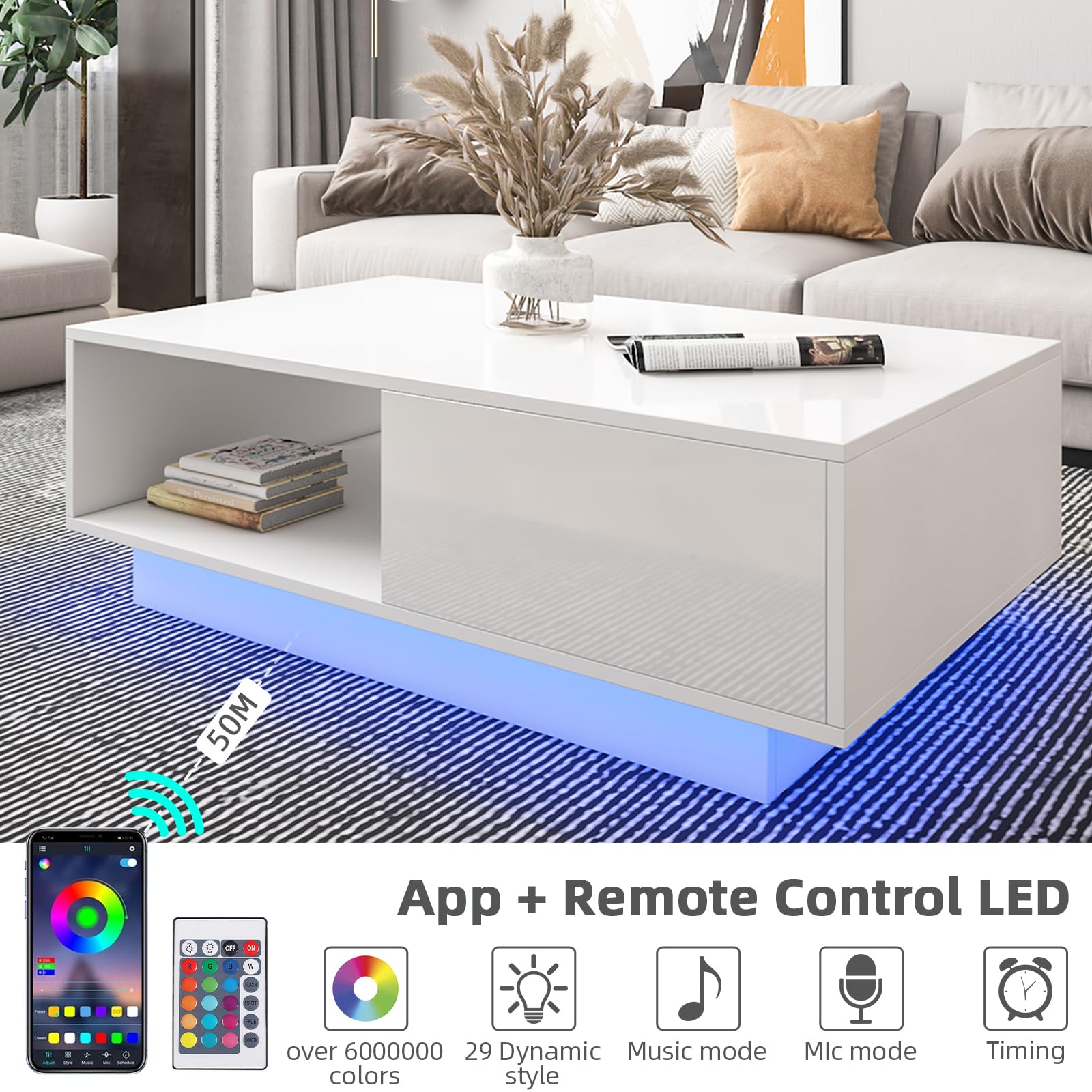 HOMMPA Led Coffee Table for Living Room White Coffee Table Modern Led Center Table with 2 Drawers Storage High Gloss Tabletop and Small Cocktail Table with Led Lights - WoodArtSupply