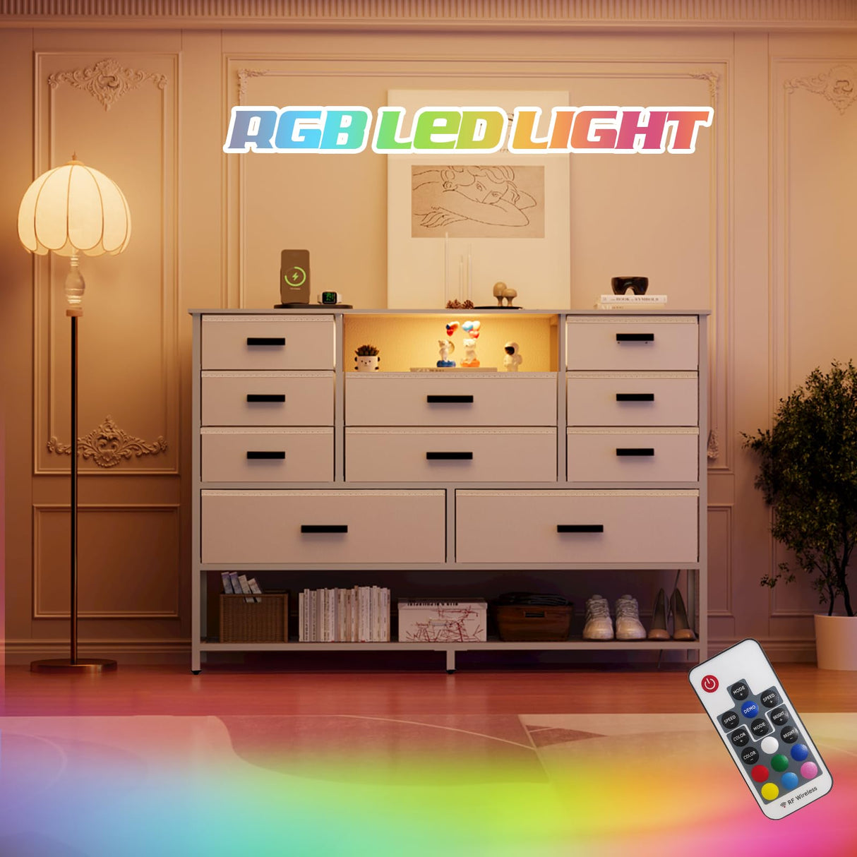 Harpaq White Dresser for Bedroom with 10 Drawers, Dresser with Charging Station, TV Stand Dresser with LED Light for 55" TV, Fabric Drawer Dresser with PU Finish, Dresser with Shelves for Closet Harpaq