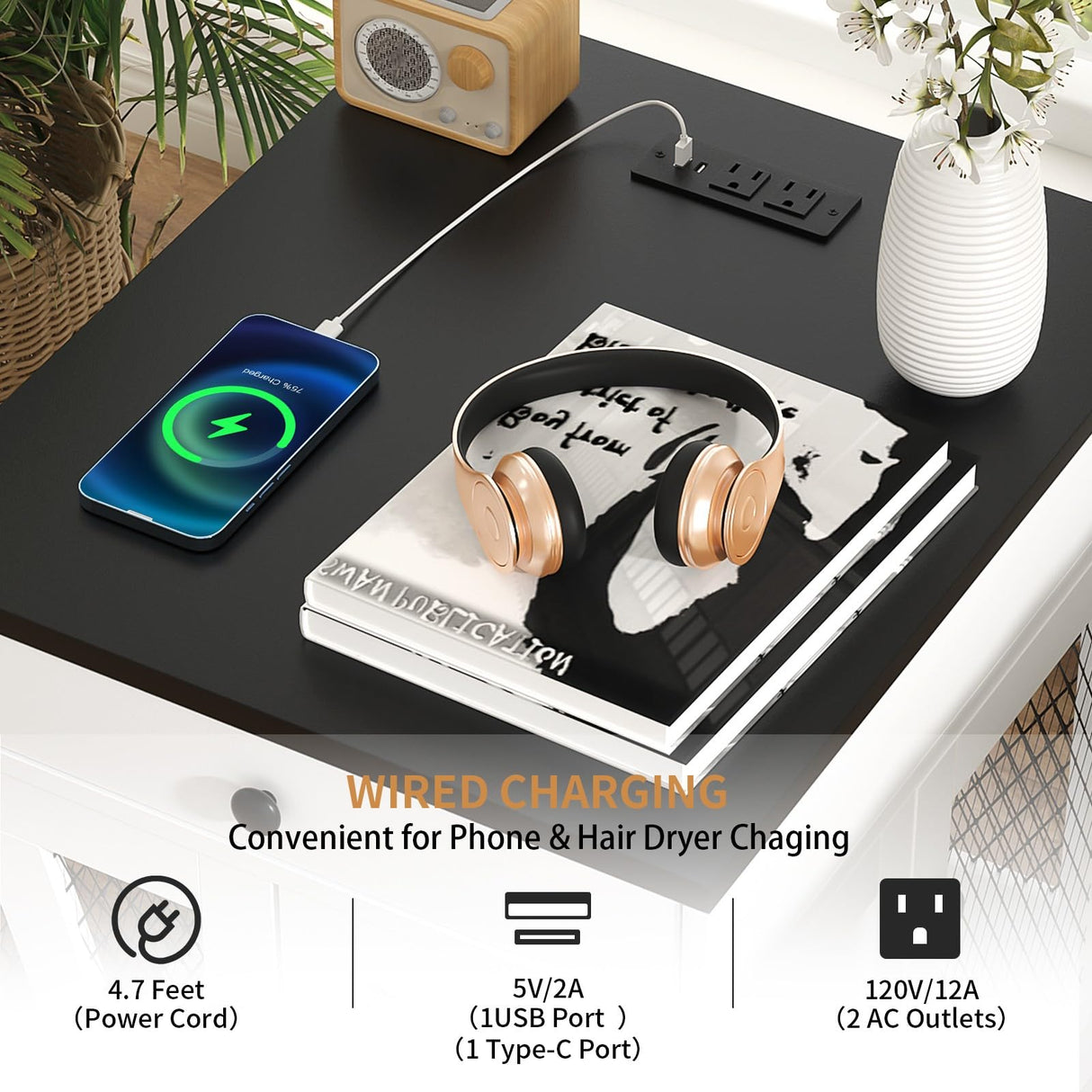 VOWNER Dog Crate Furniture, Wooden Dog Kennel End Table with USB Charging Station, Storage Drawer, Double Latched Door, Furniture-Style Crate Side Table for Small Dogs Under 25 lbs Indoor Use, White VOWNER