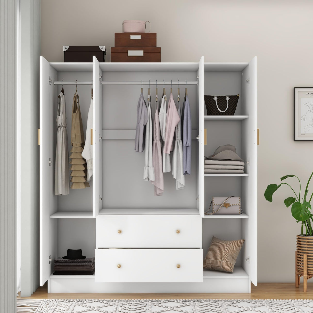 Panana Bedroom Armoires Wardrobe Closet with 4 Doors 2 Drawers and Mirror, Large Shelves Hanging Rods for Bedroom, 62.7" W x 19.7" D x 70.8" H Panana