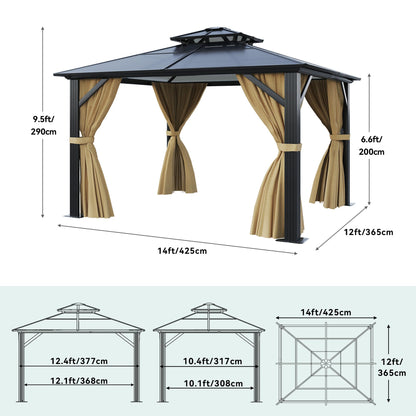 YITAHOME 12x14FT Gazebo Hard-Top Double Roof Canopy Outdoor with Netting and Shaded Curtains, Aluminum Frame Polycarbonate Hardtop Garden Tent for Patio, Backyard, Deck and Lawns, Brown - WoodArtSupply