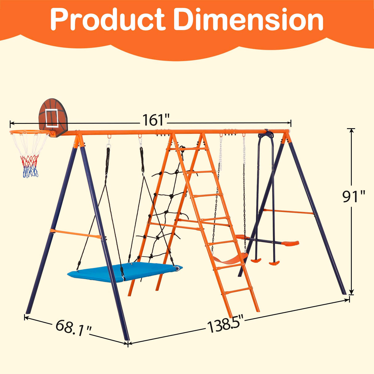 SUPER DEAL Outdoor Swing Set for Kids, Metal Playset with Adjustable Swings, Climbing Ladder and Nets, Swing Glider, Basketball Hoop for Backyard Playground, Heavy Duty 6 in 1 SUPER DEAL