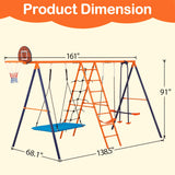 SUPER DEAL Outdoor Swing Set for Kids, Metal Playset with Adjustable Swings, Climbing Ladder and Nets, Swing Glider, Basketball Hoop for Backyard Playground, Heavy Duty 6 in 1 SUPER DEAL
