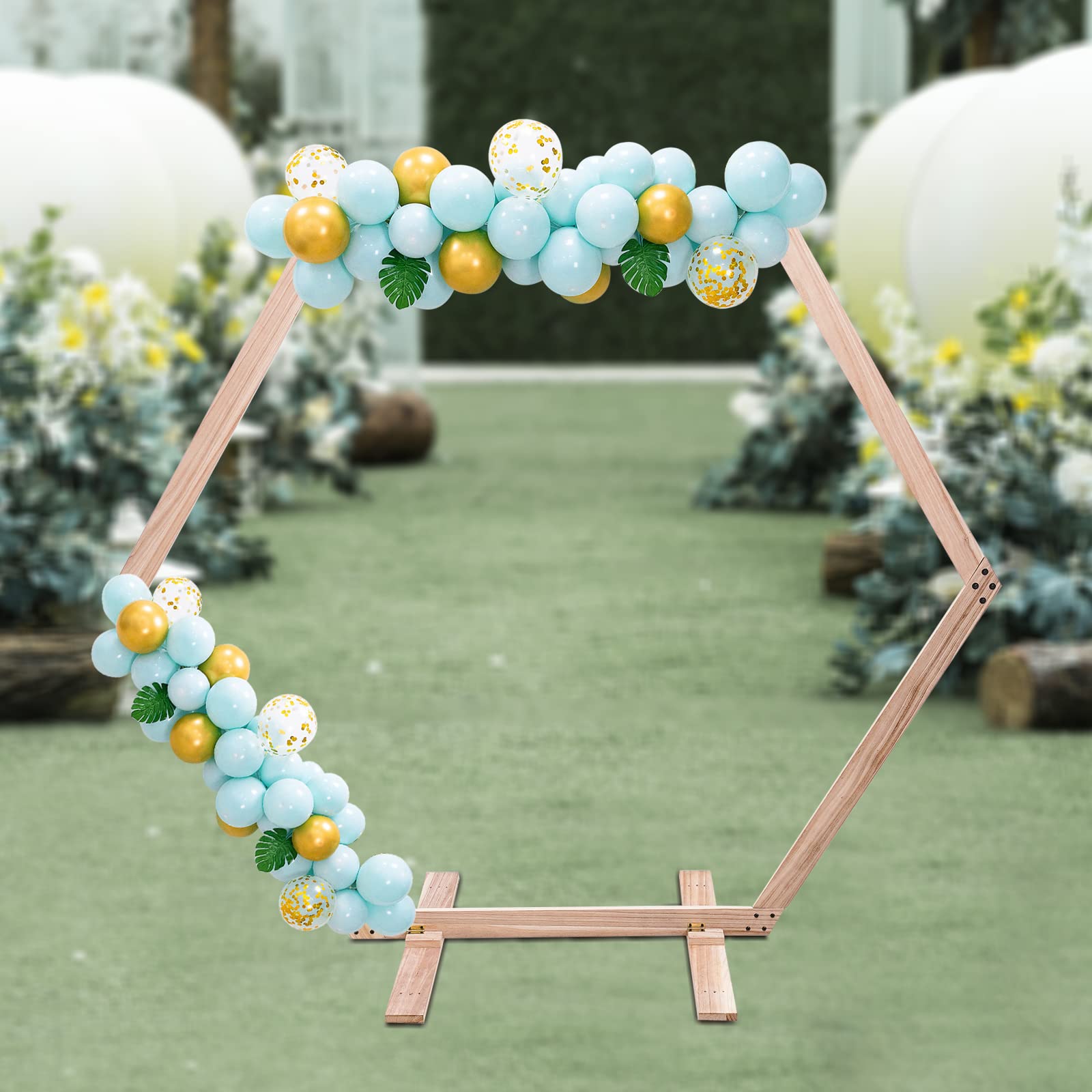 Wooden Wedding Arch for Ceremony, 2.33 * 2.25m/7.6 * 7.4ft Hexagon Backdrop Arch Stand for Wedding Ceremony Gorgeous Wedding Arbor Rustic Arch Decorations for Garden Wedding, Partie - WoodArtSupply