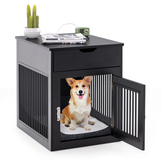 Giantex Dog Crate Furniture, Dog Kennel End Table with Chew-Proof Metal Fence, Lockable Door, Storage Drawer, Wired and Wireless Charging, Wooden Pet Cage Side Table Indoor (Black)
