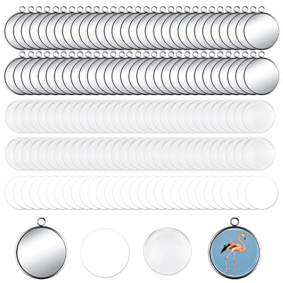 150pcs Sublimation Bezel Blanks Pendant Tray Kits 60pcs Round Stainless Steel Pendant Trays 60pcs Flatback Glass Dome with 30pcs Sublimation Aluminum Sheet for DIY Photo Pendant Jewelry Ornaments