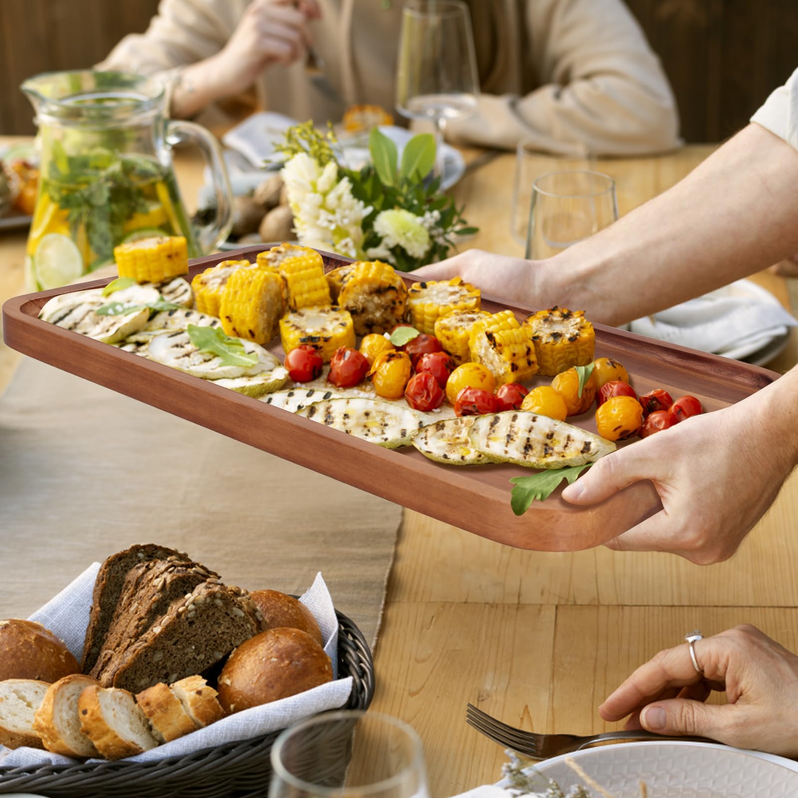 16" x 10" Rectangle Large Serving Trays Wooden Charcuterie Boards Rectangular Serving Platters for Cookie, Snack, Appetizer, Dessert, Party Food Dish Acacia Wood Kitchen Platter Tray Cheese B - WoodArtSupply