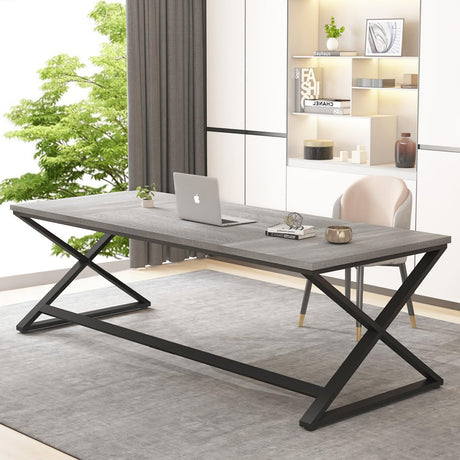 IBF Large Home Office Computer Desk, Industrial Long Work Study Writing Desk, Simple Executive Conference Table for 2 Person, Wood Metal Double Pc Gaming Workstation in Bedroom, Light Grey Oak, 70 in IBF