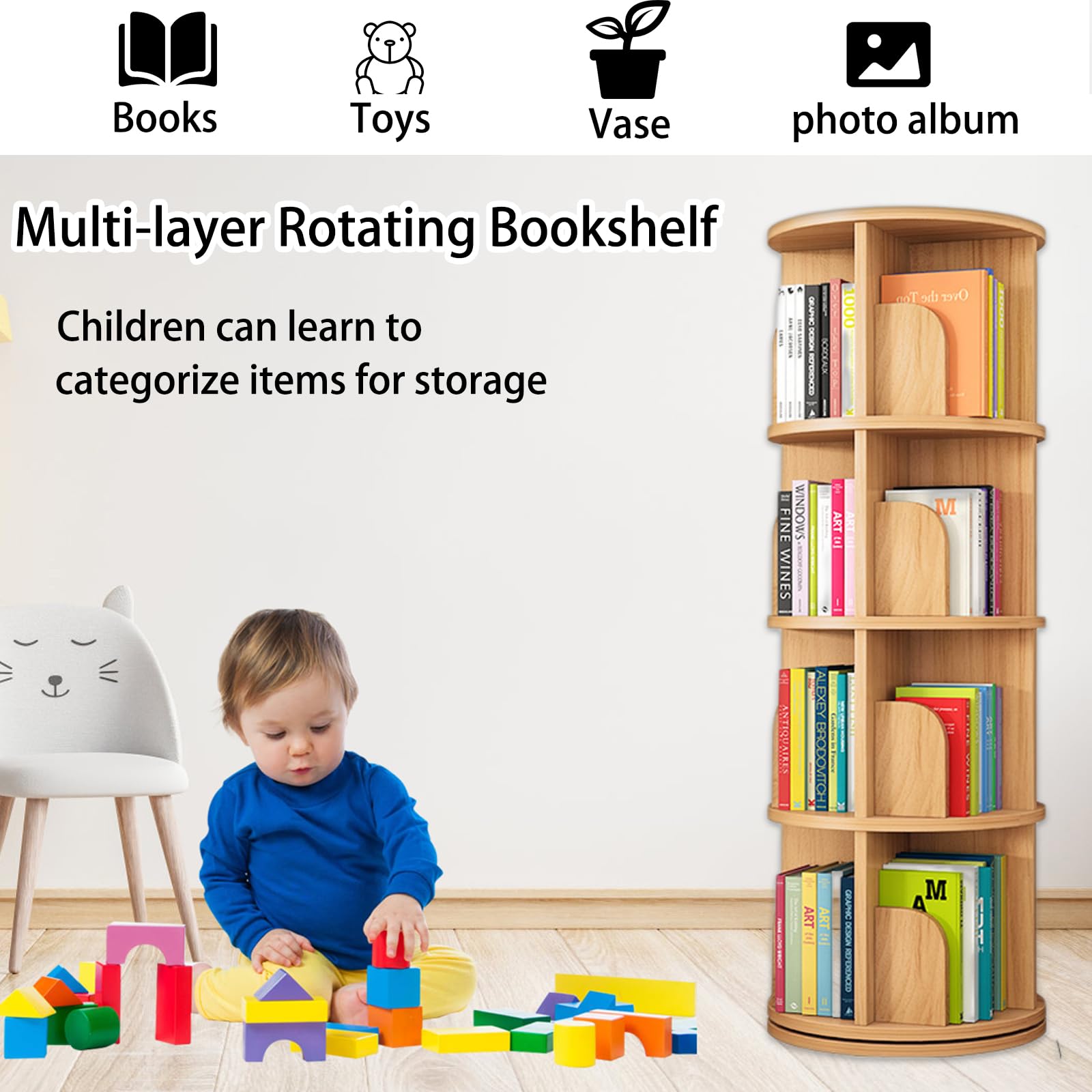 Feuusec 4-Tier Rotating Solid Wood Bookshelf Tower for Kids & Adults - Space-Saving Corner Display Bookcase - WoodArtSupply