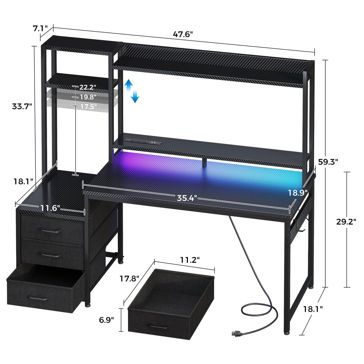 Casaottima 48 Inch Gaming Desk with Hutch & 3 Fabric Drawers, Computer Desk with USB Ports & LED Lights, Reversible Pc Gamer Table with Monitor Stand for Home Office, Carbon Fiber Black Casaottima