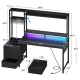 Casaottima 48 Inch Gaming Desk with Hutch & 3 Fabric Drawers, Computer Desk with USB Ports & LED Lights, Reversible Pc Gamer Table with Monitor Stand for Home Office, Carbon Fiber Black Casaottima