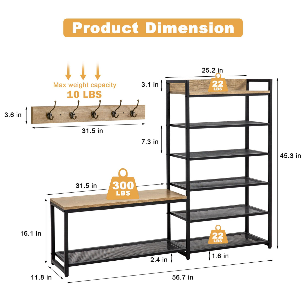 SUNTAGE 6-Tier Coat Rack Shoe Bench Set, Entryway Bench with 6 Hooks Coat Rack, Hall Tree with Bench and Shoe Storage for Entryway, Hallway, Garage, Bedroom (Vintage Oak) SUNTAGE