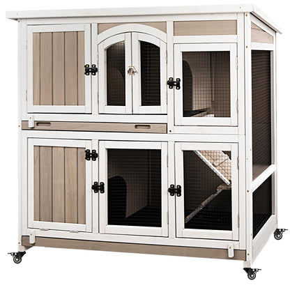 Gowoodhut 47"L Rabbit Hutch Indoor Wooden 2 Story Rabbit Large Bunny Hutch Outdoor Bunny Cage on 4 Metal Wheels and 2 Deeper Pull Out Trays, Ramp,Guinea Pig Pet House for Small to Medium Animals,Grey