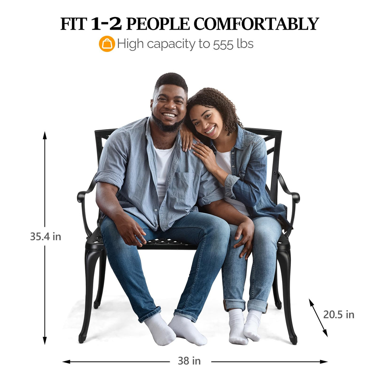 VINGLI 38" Outdoor Bench Cast Aluminium Garden Bench, Orchid Porch Bench Patio Bench Deck Furniture for 1-2 Person Seat (Black) VINGLI