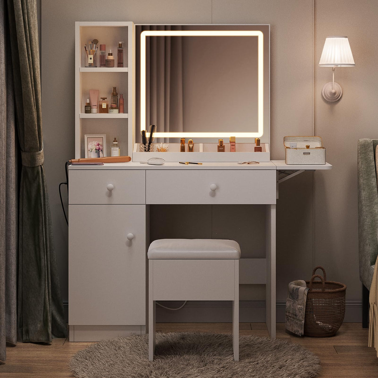 Haewon Makeup Vanity Desk with Mirror and Lights, White Vanity Table with Power Outlet and 3 Lighting Modes, Dressing Table Set with Cabinet Drawers Shelves and Storage Stool for Bedroom Haewon