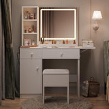 Haewon Makeup Vanity Desk with Mirror and Lights, White Vanity Table with Power Outlet and 3 Lighting Modes, Dressing Table Set with Cabinet Drawers Shelves and Storage Stool for Bedroom Haewon