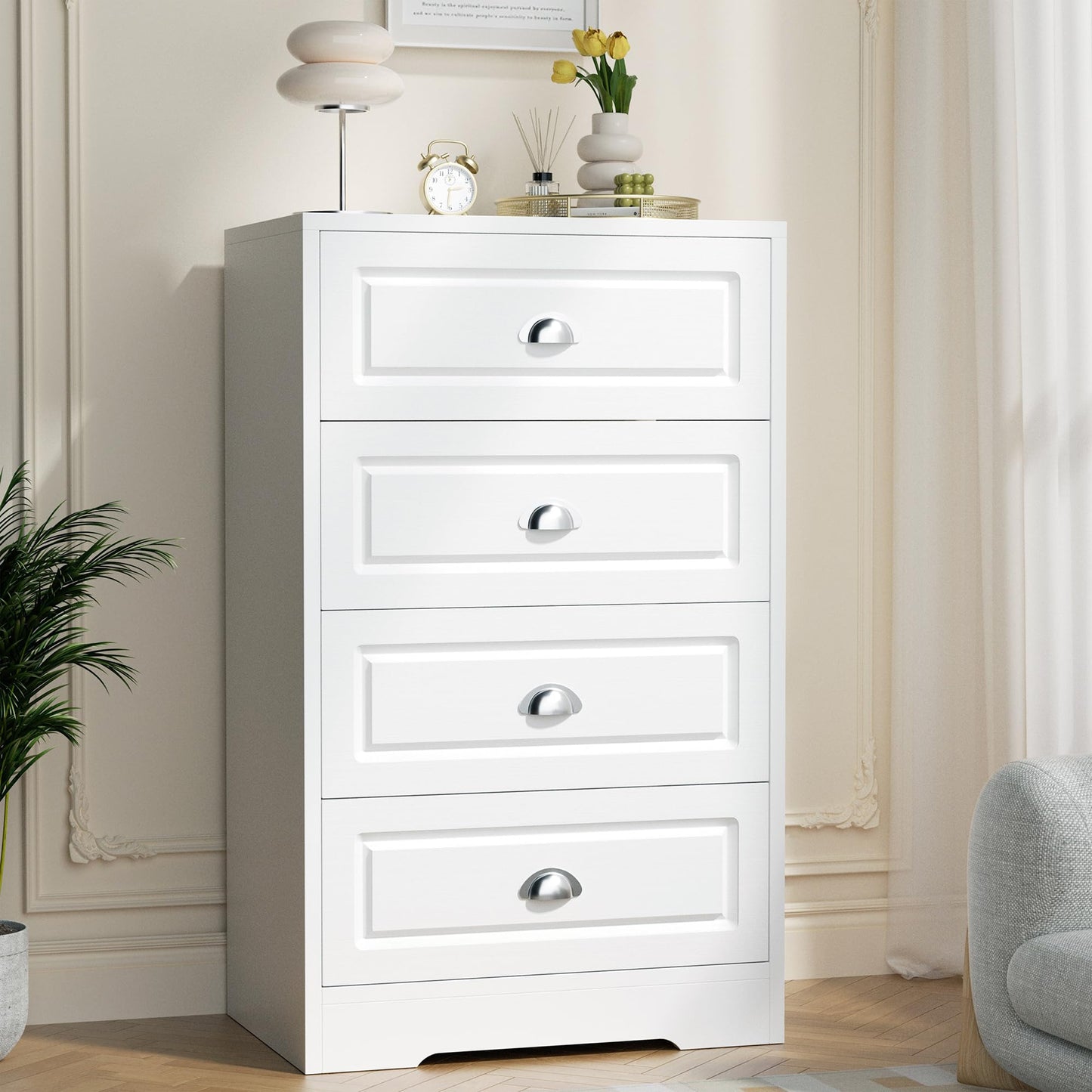 Shintenchi White Tall Dresser for Bedroom, 4 Drawer Narrow Nightstand, Chest of Drawers Vertical Wooden Dresser with Metal Handle, Living Room Storage Organizer, White and Silver - WoodArtSupply