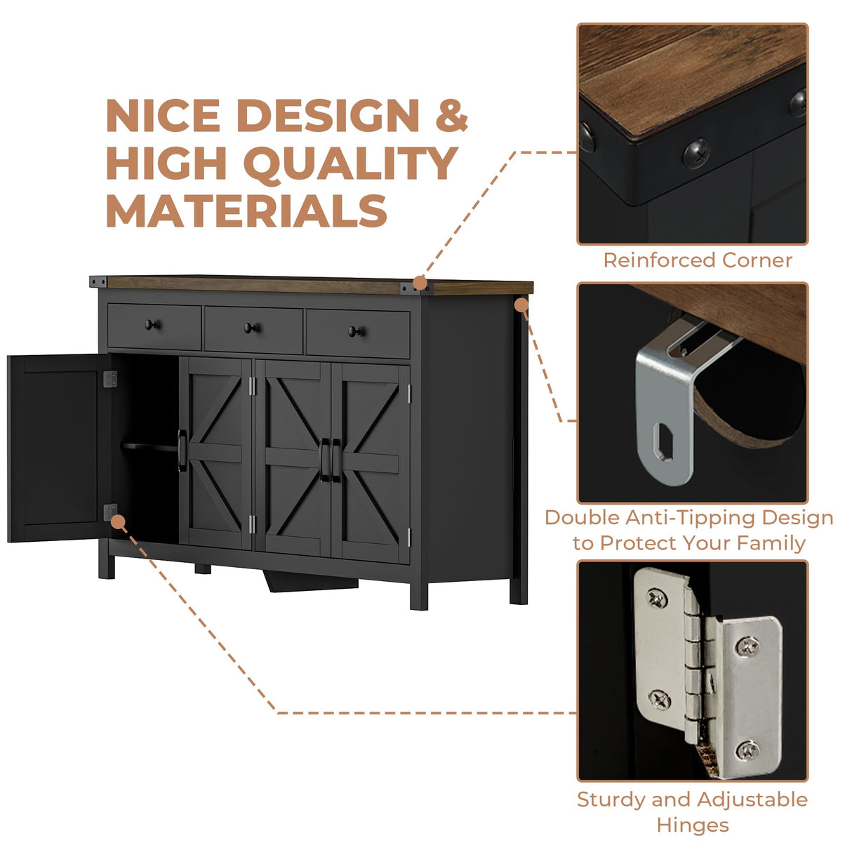 VVFLU 63" Sideboard Buffet Cabinet with Storage, Coffee Bar with 3 Drawers and 4 Barn Doors, Long Wider Storage Cabinet Modern Farmhouse, Black Wood, for Kitchen, Dining Room, Living Room VVFLU