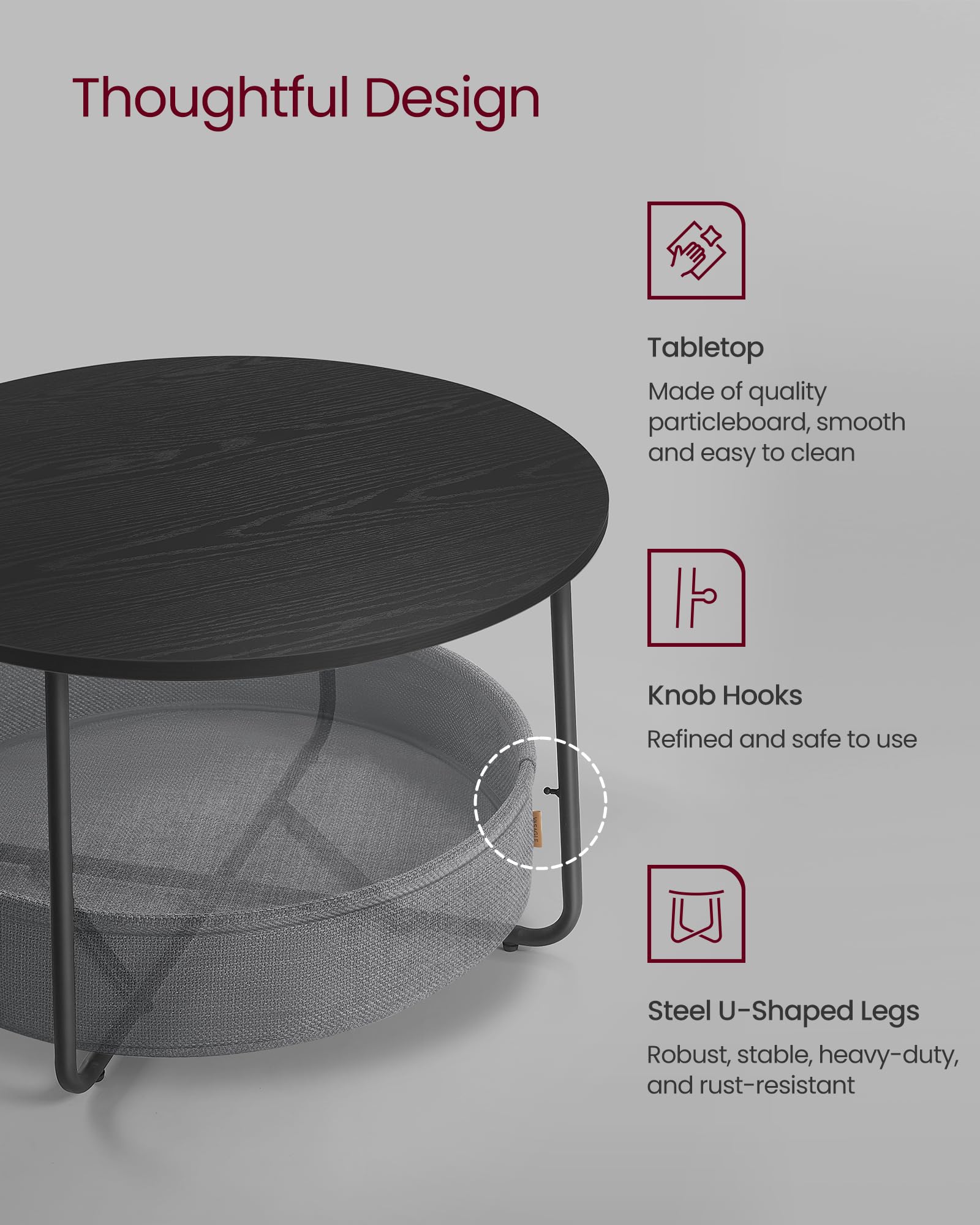 VASAGLE Coffee Table with Storage, Round Center Table for Living Room with Fabric Basket, Modern Style, Metal Frame, Ink Black and Slate Gray ULCT244B56 - WoodArtSupply