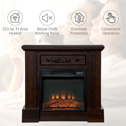 HOMCOM 32" Electric Fireplace with Mantel, Freestanding Heater with LED Log Flame, Overheat Protection and Remote Control, 1400W, Brown