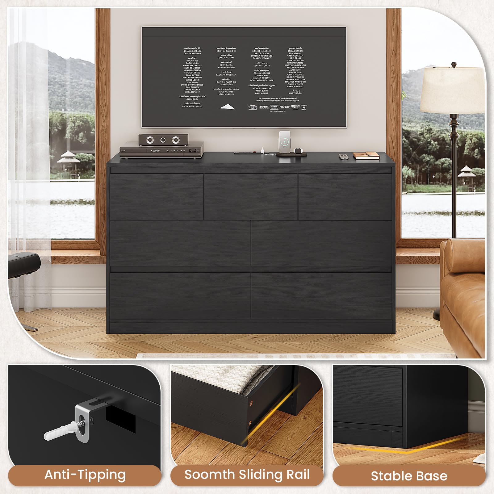 AOGLLATI Black Dresser for Bedroom, Modern Long Dresser with 7 Drawers, Dressers & Chest of Drawers with Charging Station Handle Free, Wooden Wide 7 Drawer Dresser for Bedroom Living Room,Bla - WoodArtSupply