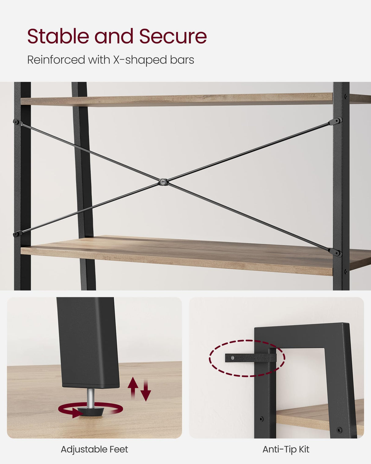 VASAGLE Ladder Shelf, 4-Tier Bookshelf, Storage Rack, Bookcase with Steel Frame, for Living Room, Home Office, Kitchen, Bedroom, Industrial Style, Camel Brown and Black ULLS144B50 VASAGLE