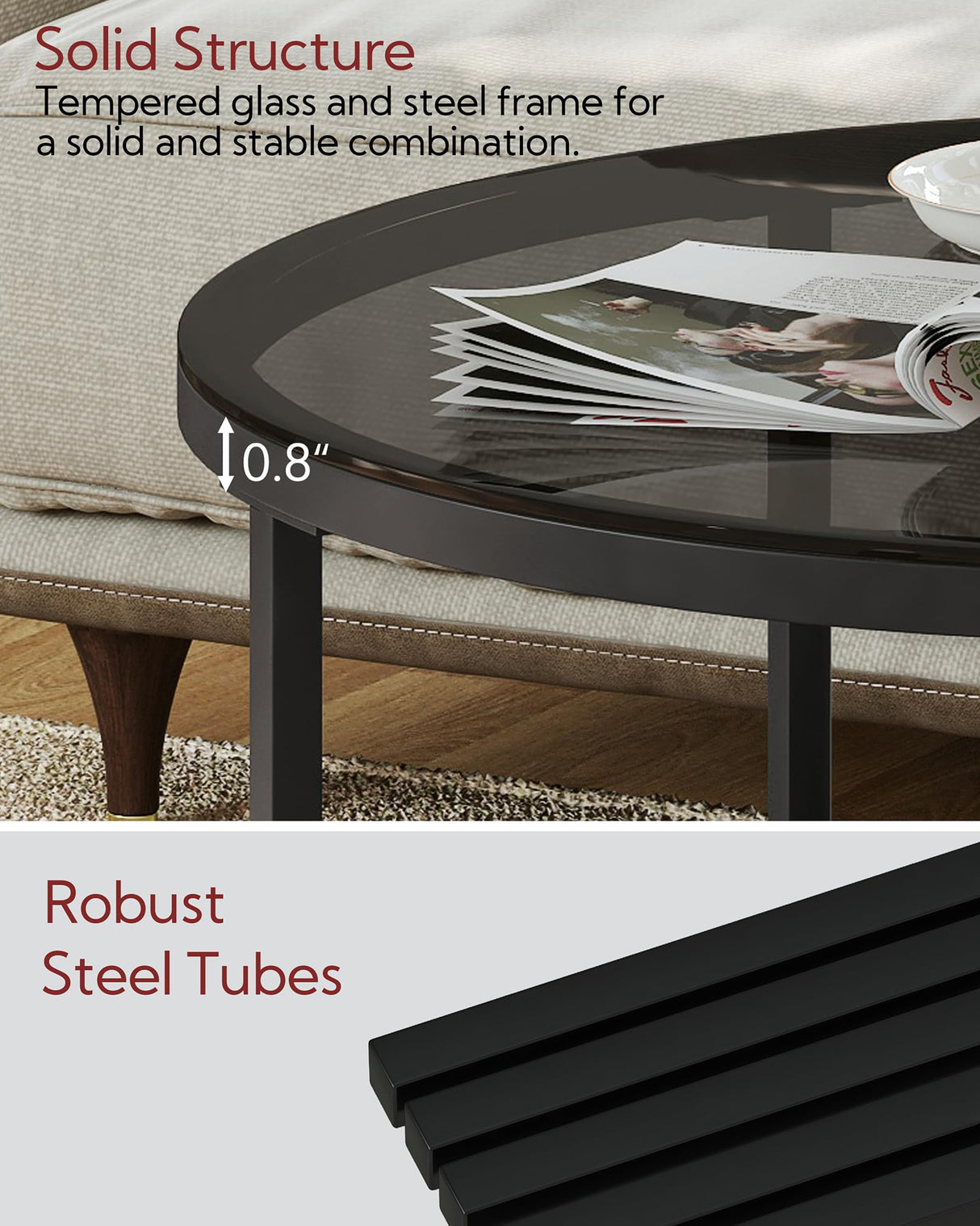 Yusong Round Glass Coffee Tables for Living Room, 2-Tier Circle Coffee Table with Storage, 26" Modern Center Accent Table with Light Black Glass, Small Side Table End Table for Small Space, Bedroom Yusong