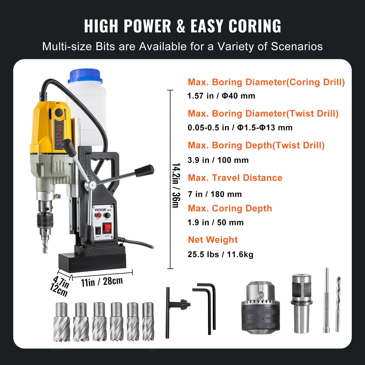 VEVOR Magnetic Drill, 1100W 1.57" Boring Diameter, 2697lbf/12000N Portable Electric Mag Drill Press with 7 Bits, 580 RPM Max Speed Drilling Machine for any Surface and Home Improvement VEVOR