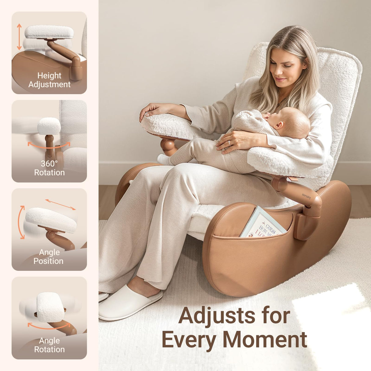 MAMAZING Nursery Rocking Chair Glider with Adjustable Armrests for Breastfeeding, Upholstered Nursing Chair with Removable Cover for Mom and Baby(Brown/Beige) MAMAZING