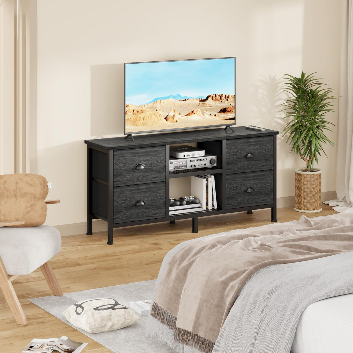 Furologee TV Stand with 4 Drawers, Small Entertainment Center with Open Shelf, Dresser TV Console Table for 50" TV, Media Center for Bedroom, Living Room/Black Oak Furologee