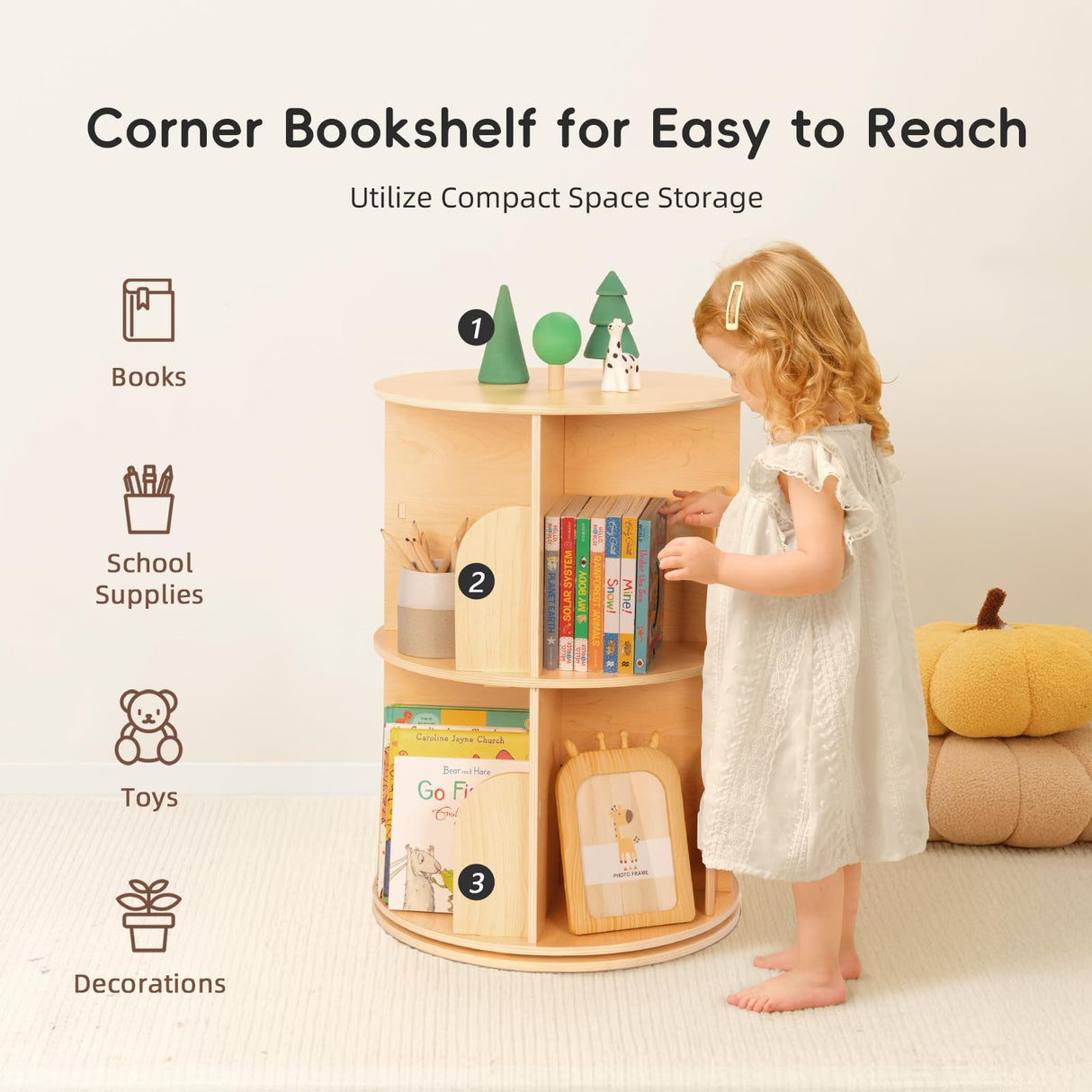 OOOK 2 Tier Rotating Bookshelf, Small Corner Bookshelf Floor Standing Wooden Narrow Bookcase Organizer for Kidsroom, Bedroom, Living Room OOOK