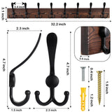 Kuhome 32.2'' Large Coat Rack Wall Mount Coat Hooks Coat Hanger with 8 Metal Black Triple- Hooks Brown Pine Real Wood Plank Hat Rack for Wall Hooks for Hanging Coat Hat Jacket Kuhome