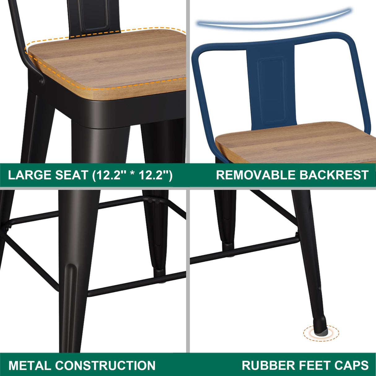 WENTMENT Metal Bar Stools Set of 2 Counter Height Barstools with Removable Back 24" Kitchen Bar Stools with Wooden Seat, Black WENTMENT