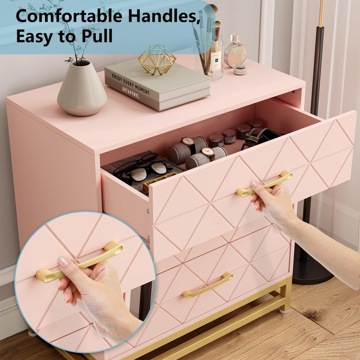 GAOMON Dresser for Bedroom with 3 Drawer, Modern Dressers Chest of Drawers, with Wide Drawers and Metal Handles, Wood Dressers, Pink GAOMON