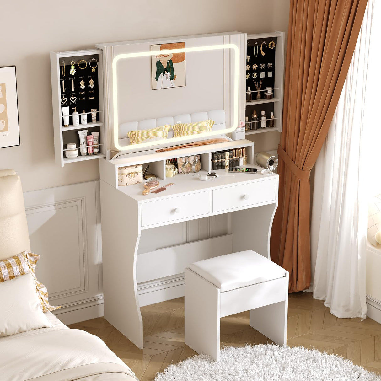 Fameill Vanity Desk with Mirror and Lights, White Makeup Vanity with 3 Color Lighting & 2 Large Drawers, Small Vanity with Charge Station and Stool, Vanity Set with Hidden Sliding Jewelry Cabinet Fameill
