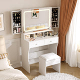 Fameill Vanity Desk with Mirror and Lights, White Makeup Vanity with 3 Color Lighting & 2 Large Drawers, Small Vanity with Charge Station and Stool, Vanity Set with Hidden Sliding Jewelry Cabinet Fameill