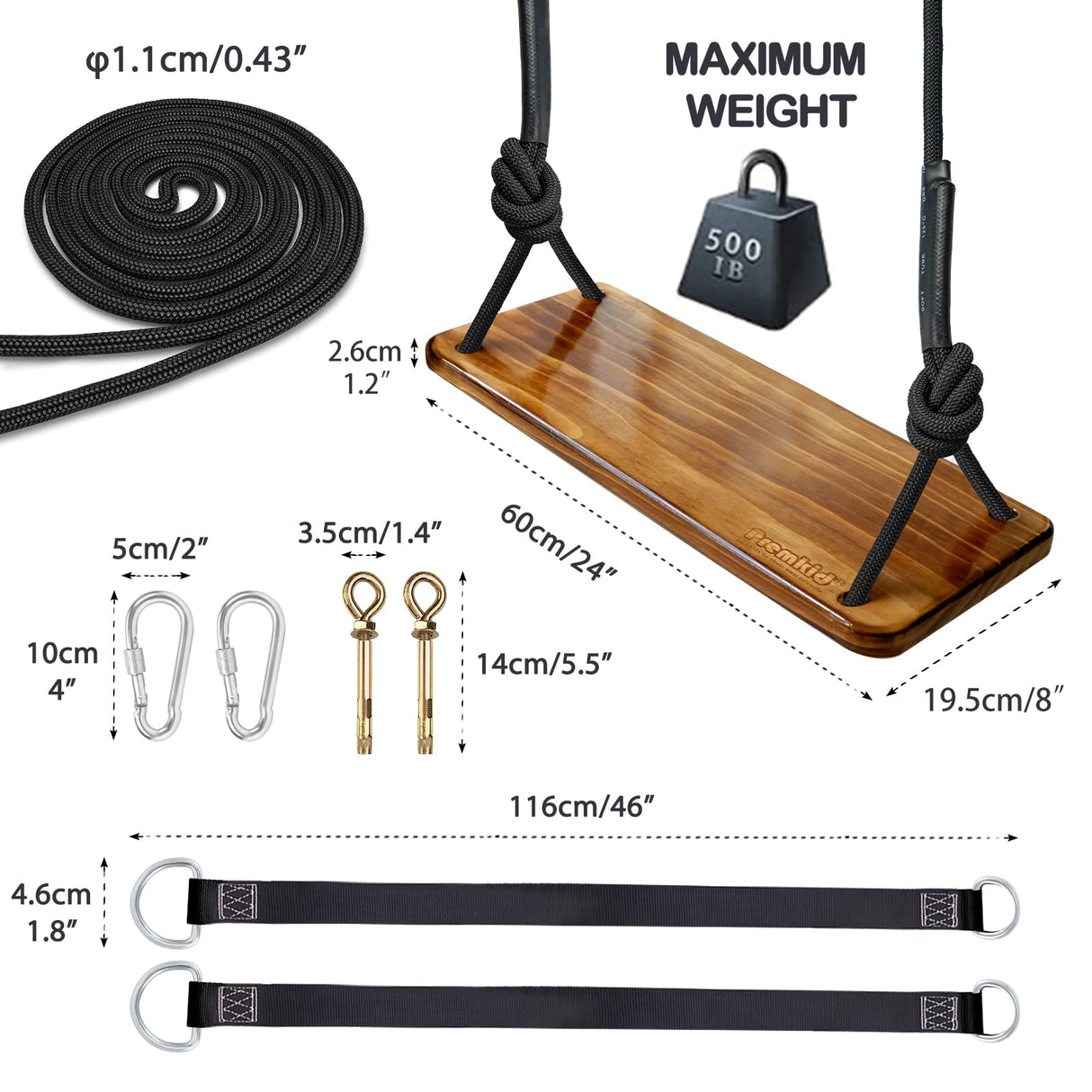 Premkid Carbonized Hanging Wooden Swing, Swing Seat 24"x 8"x 1.2", Tree Swing for Adults Kids with 500lbs Load, Adjustable Climbing Rope Plus Tree Straps 116 inch, Outdoor Indoor Room Wood Swing Set Premkid