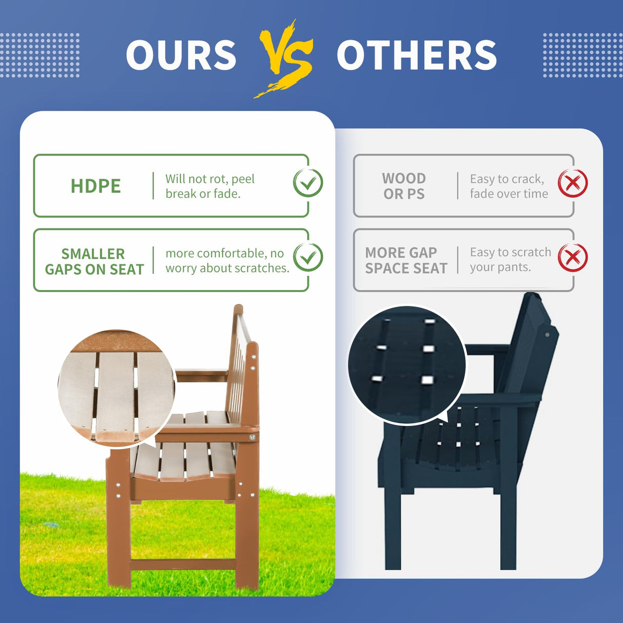 nalone Outdoor Bench, HDPE All Weather Patio Bench Load up to 800 Lbs, 2-Person Garden Bench Rot-Proof Fade Proof for Patio, Porch, and Park (Teak) nalone