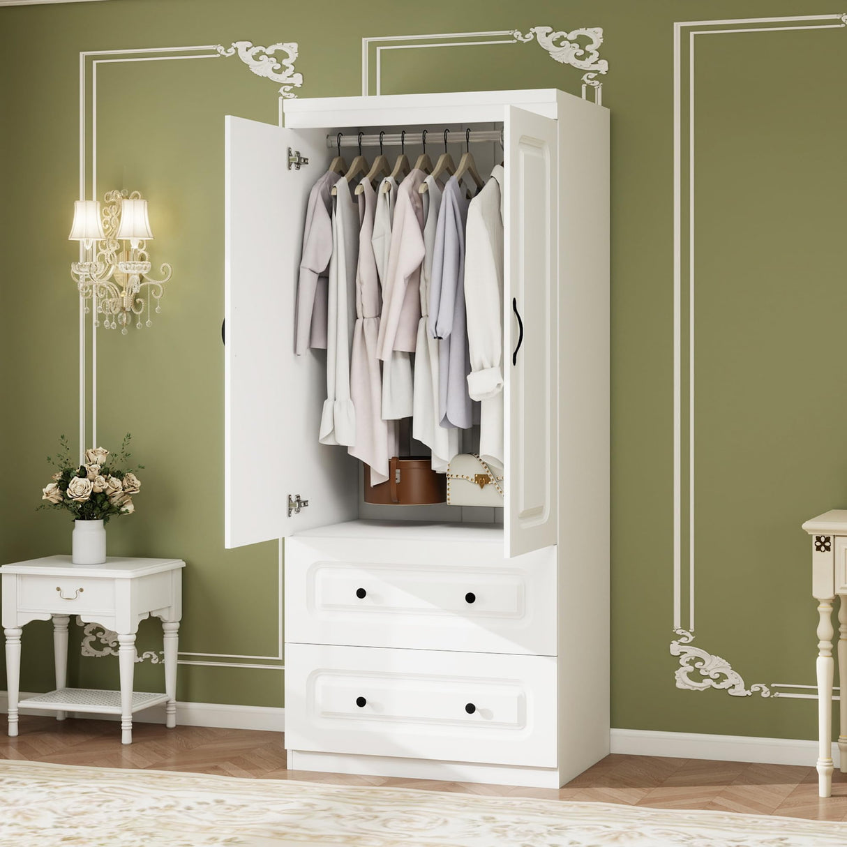 Keloyid Armoire Wardrobe Closet: Wood White Bedroom Armoire Storage Cabinet for Large Capacity with 2 Doors, Tall Armoire and Wardrobe Closet with 2 Drawers & Hanging Rail Keloyid