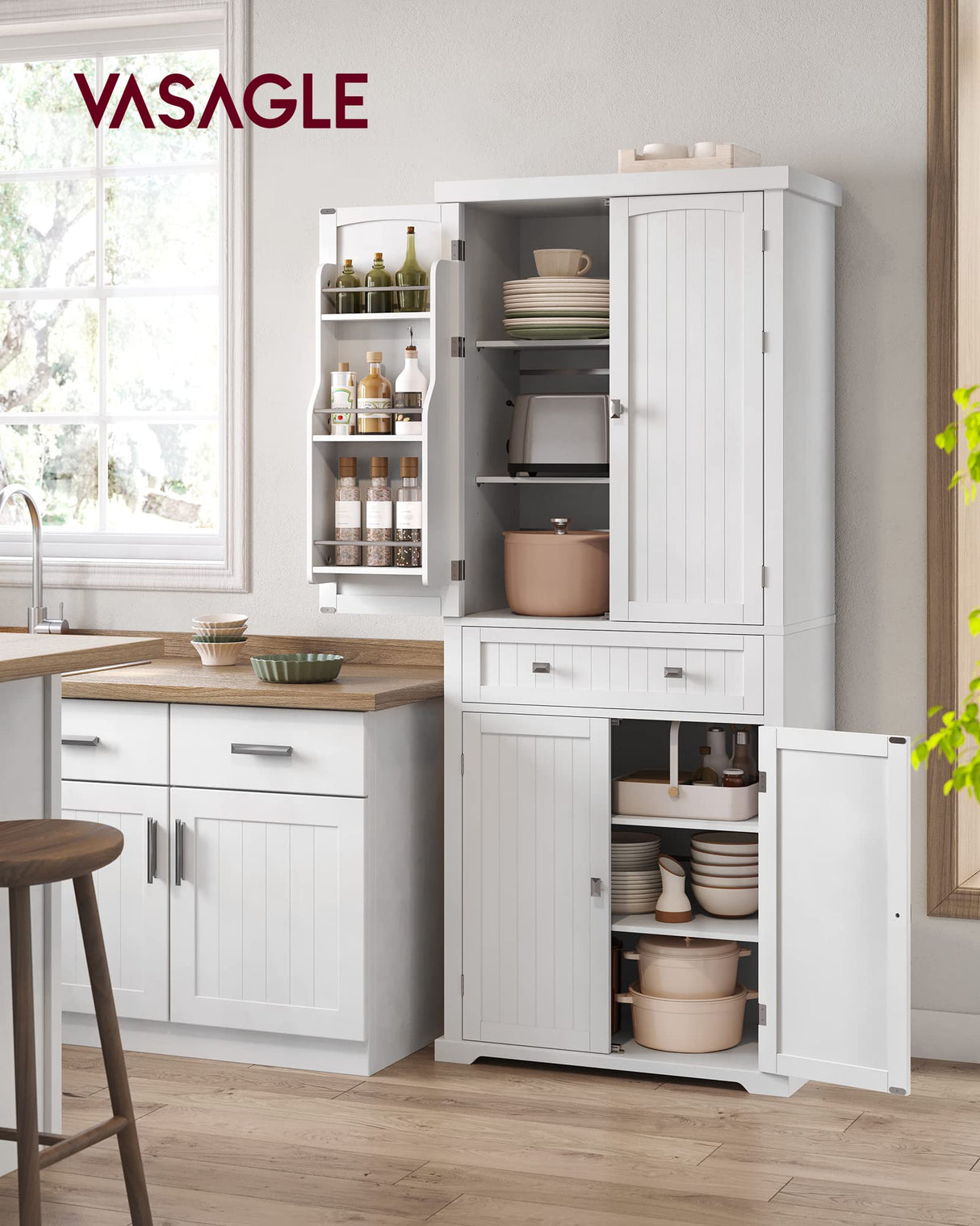 VASAGLE Kitchen Pantry Storage Cabinet - 71.9 Inch Tall Freestanding Cupboard with 1 Large Drawer, 6 Hanging Shelves for Dining Room, Living Room, VASAGLE