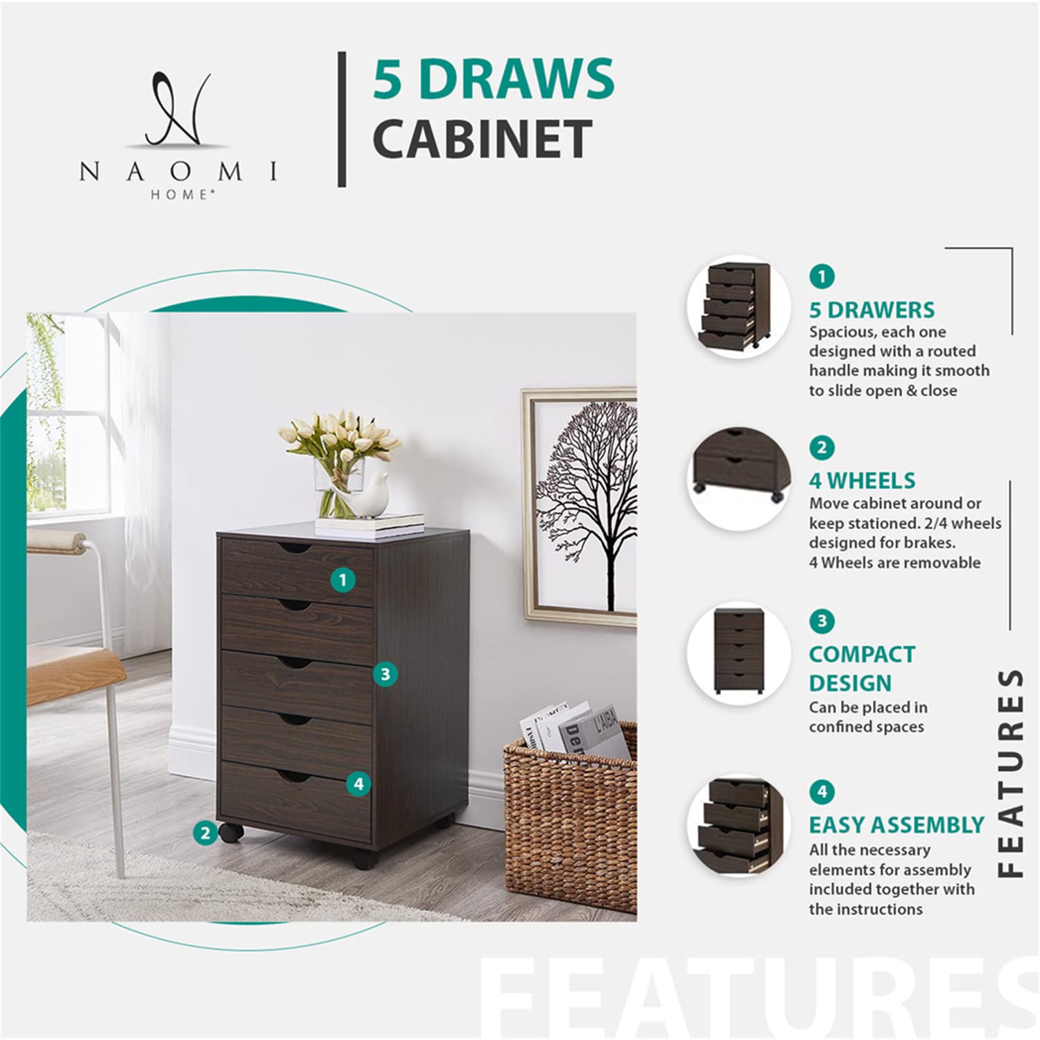 Naomi Home Office File Cabinets Wooden File Cabinets for Home Office Lateral File Cabinet Wood File Cabinet Mobile File Cabinet Mobile Storage Cabinet Filing Storage Drawer White/5 Drawer - WoodArtSupply