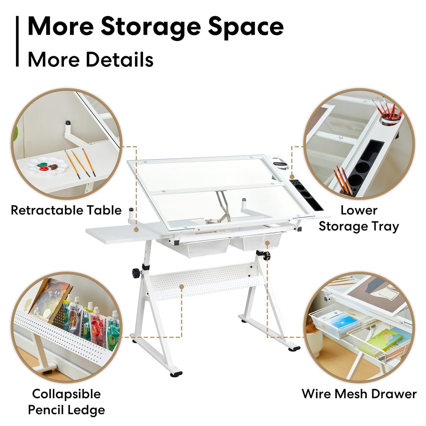 Miscoos Adjustable White Tempered Glass Drafting Table with Chair, 39.76" x 23.60" | Steel Frame, Anti-Slip Feet, Storage & Pen Holder