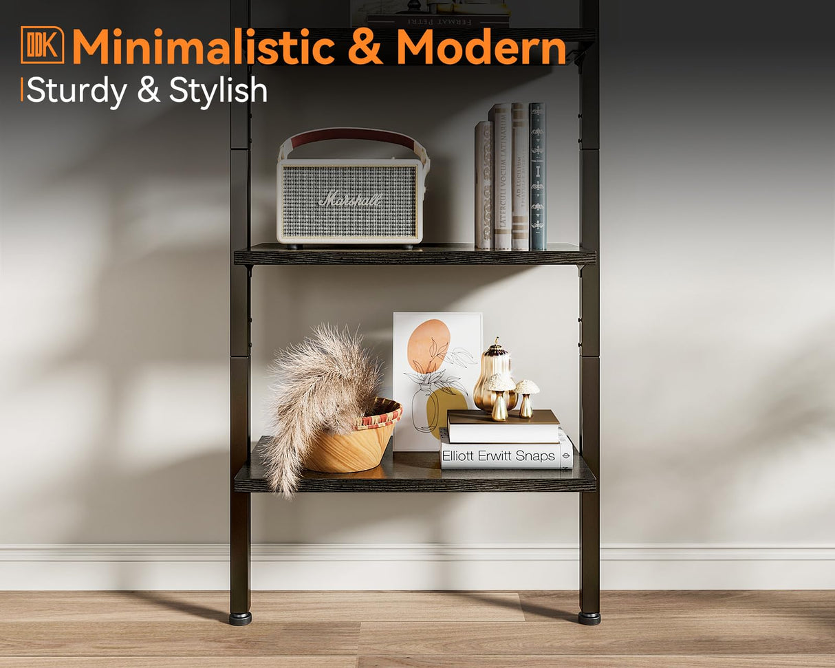 ODK Ladder Shelf, 5 Tier Black Bookshelf, 72 Inch Wall Mounted Book Shelf with Metal Frame, Ladder Bookshelf Bookcase for Bedroom, Home Office and Living Room ODK