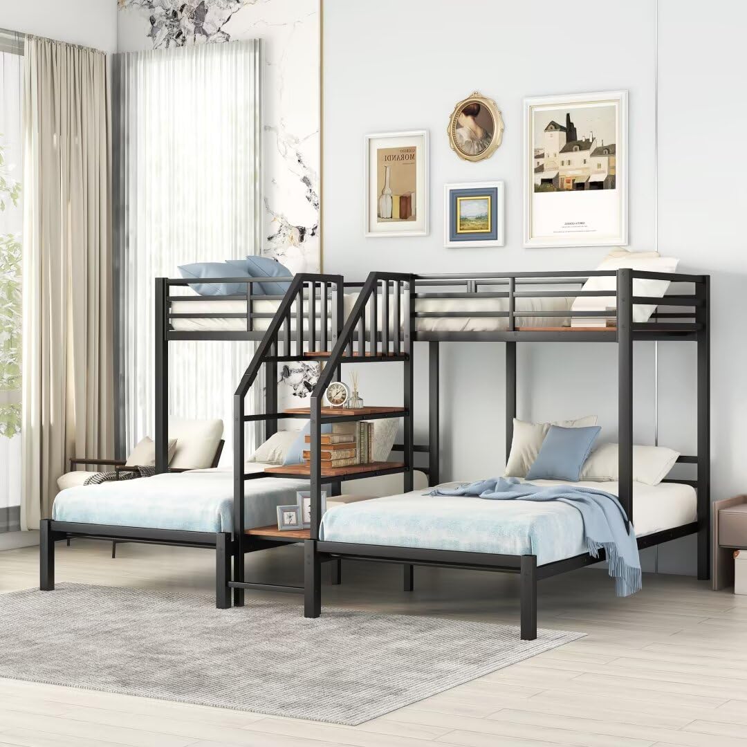 JIJIWANG Twin Triple Bunk Bed for 3 Kids, Metal L-Shaped Bunk Bed Frame with Staircase, No Box Spring Needed, Black JIJIWANG
