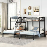 JIJIWANG Twin Triple Bunk Bed for 3 Kids, Metal L-Shaped Bunk Bed Frame with Staircase, No Box Spring Needed, Black JIJIWANG