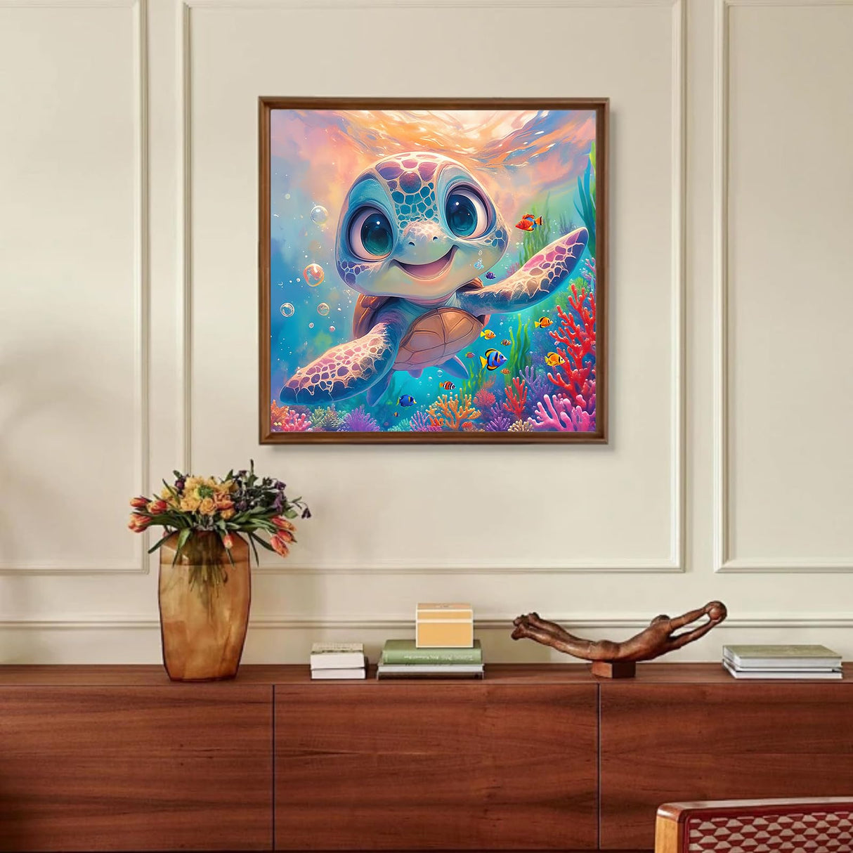 xcemhil Sea Turtle Paint by Numbers Kit for Kids with Wooden Easel Frame, Kid Paint by Number Kits, Turtle Paint by Numbers for Kids Age 5-12 for Gifts and Home Decor 8x8in xcemhil