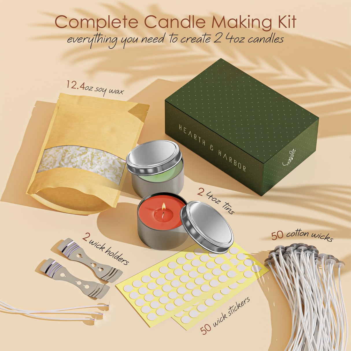 Hearth & Harbor Soy Candle Wax for Candle Making - Natural Soy Wax for Candle Making Kit 12.4 oz Bag, Premium Soy Wax Flakes, 2 Candle Tins, 50 Cotton Candle Wicks and Stickers, 2 Centering Devices Hearth & Harbor