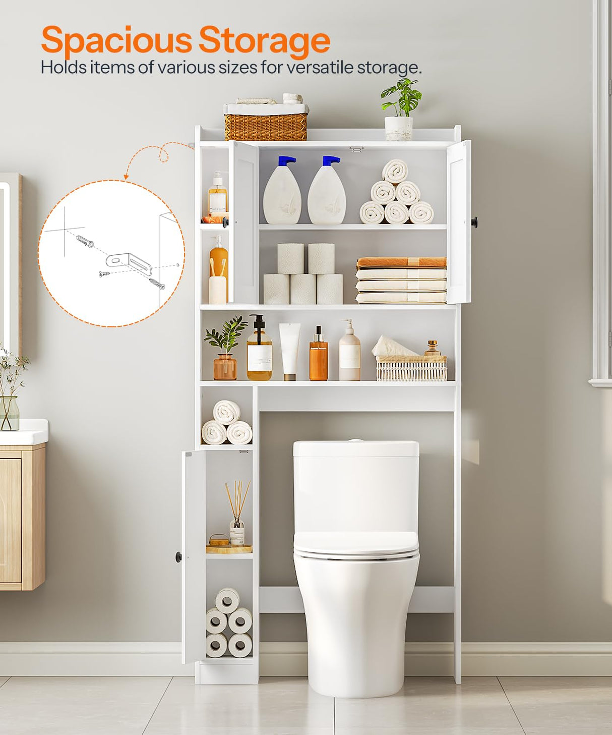 HOOBRO Over The Toilet Storage Cabinet, Farmhouse Over Toilet Bathroom Organizer with Doors and Adjustable Shelves, 31.5" W x 7.5" Dx 66.7" H, Space-Saving for Bathroom, Laundry, White WT80TS01N1 HOOBRO